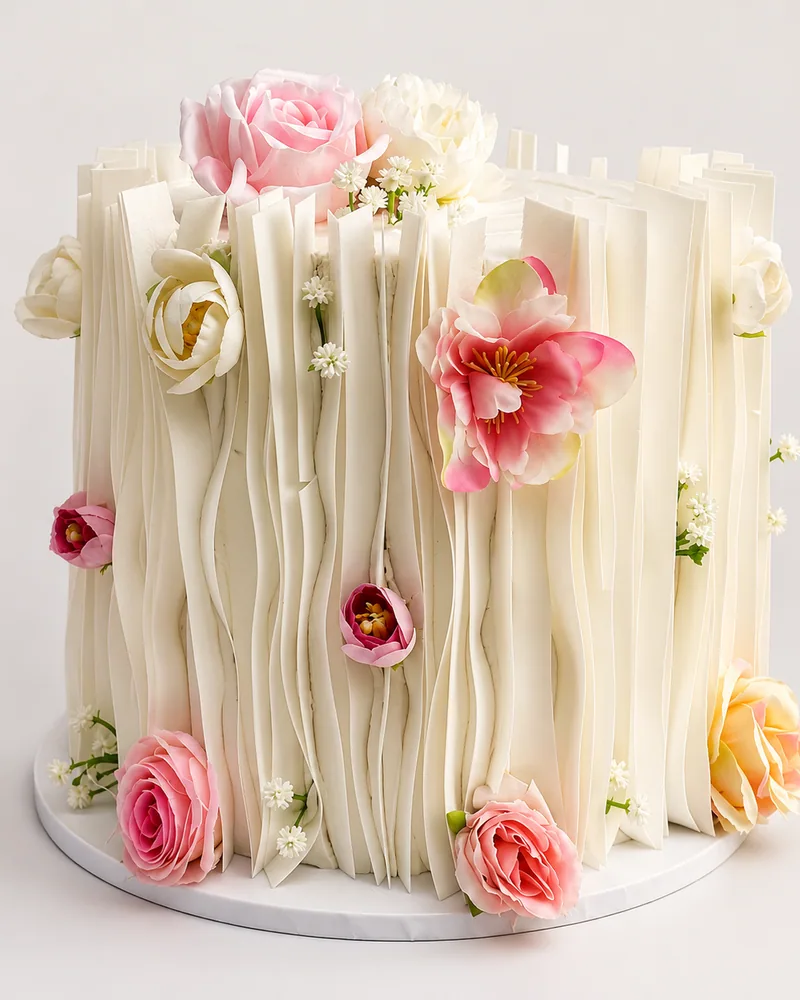 A single-tier white celebration cake with hand-stood buttercream panels and fresh roses, by The Cake Studio Harare